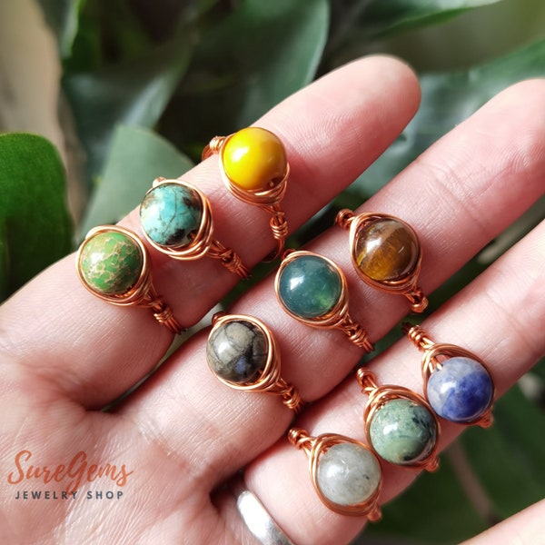 Natural Gemstone Handmade Wire Wrapped Rings,Quartz Rings,Stone Ring,Party Ring,Healing Crystal Rings,Rose gold Wire Rings,Round beads Rings