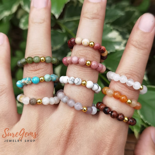 51 style 4mm Round Beads Gemstone Stackable Ring,Natural Stone Quartz Bead Stretchy Rings,Handmade Healing Crystal Party Ring Gift For Her