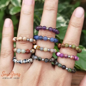 52 style Natural Gemstone 4mm Round Bead Stretchy Ring,Healing Crystal Rose Quartz Beads Stackable Rings,Handmade Party Ring Gift For Her