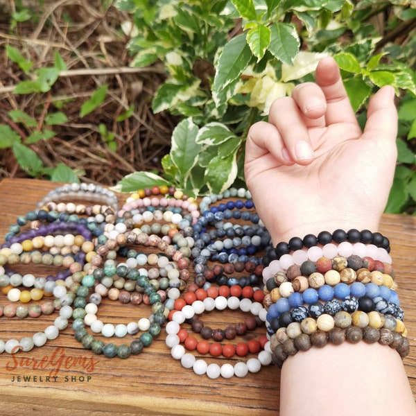 Natural Matte Round Beads Healing Energy Gemstone Bracelet,Semi-Precious Frosted Stretchy Bracelet,6/8/10 mm Handmade 7''- 7.5" Bracelet