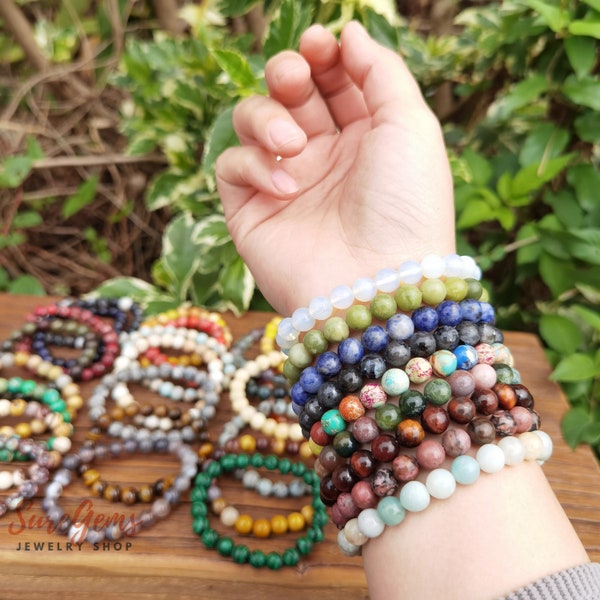 65 types de bracelets de pierres précieuses rondes de 6 mm/8 mm/10 mm, bracelet en cristal de quartz brut curatif, bracelet de perles extensibles, bracelet simple de pierres précieuses