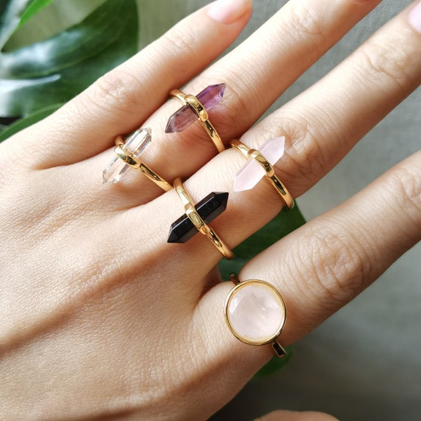 Hexagon Point Ring,Crystal quartz Gold Ring,Amethyst Obsidian Double Point Ring,Rose quartz Faceted Oval Beaded Ring,Boho Rings,Fine Jewelry