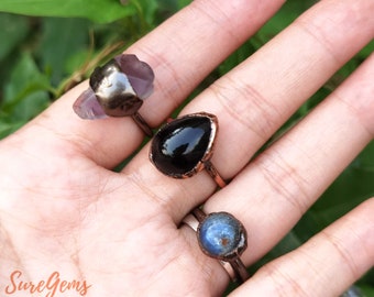 Raw Kyanite Bronze Ring,Rough Aemthyst Ring,Drops Black Obsidian Antique Copper Rings,Healing Crystal Boho Ring,Open Ring Drusy Band Ring