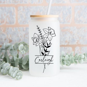 Personalized Birth Flower Coffee Cup With Name, Custom Beer Can Glass with Lid and Straw, Bridesmaid Gift, 16oz Glass Cup, Gifts for Her