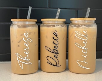 Personalized Iced Coffee Cup, Custom Beer Can Glass with Lid and Straw, Bridesmaid Gift, 16oz Glass Cup, Bridesmaid Proposal