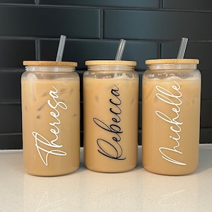 Personalized Iced Coffee Cup, Custom Beer Can Glass with Lid and Straw, Bridesmaid Gift, 16oz Glass Cup, Bridesmaid Proposal