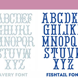 May include: Two different alphabet fonts are shown in blue and light blue. The font on the left is called Avery Font and the font on the right is called Fishtail Font.