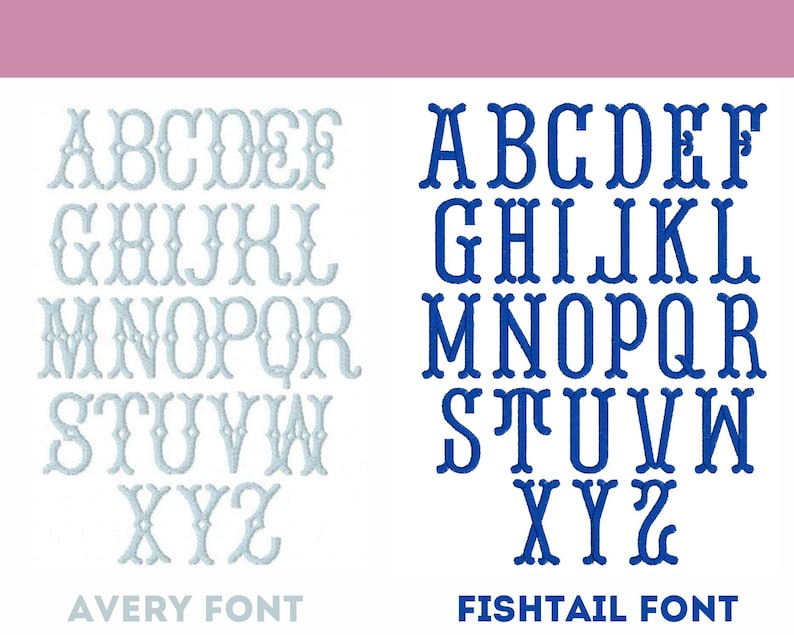 May include: Two different alphabet fonts are shown in blue and light blue. The font on the left is called Avery Font and the font on the right is called Fishtail Font.