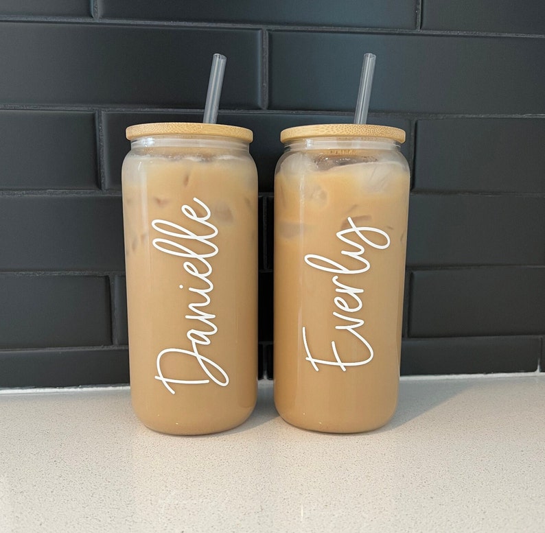 Personalized Iced Coffee Cup, 20oz Glass Cup, Custom Beer Can Glass with Lid and Straw, Bridesmaid Gift, Bridesmaid Proposal image 2