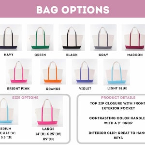 May include: A chart showing different color and size options for a canvas tote bag. The bag has a top zip closure with a front exterior pocket, contrasting color handles with a 9 inch drop, and an interior clip for hanging keys. The available colors are navy, green, black, gray, maroon, bright pink, orange, violet, and light blue. The available sizes are medium, which is 12 inches high by 18 inches wide by 5.5 inches deep, and large, which is 14 inches high by 25 inches wide by 9 inches deep.