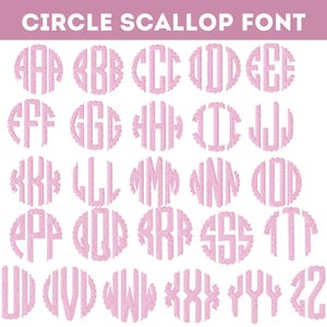 May include: A set of 26 pink circle scallop font letters, from A to Z. Each letter is in a circle with a scalloped edge.