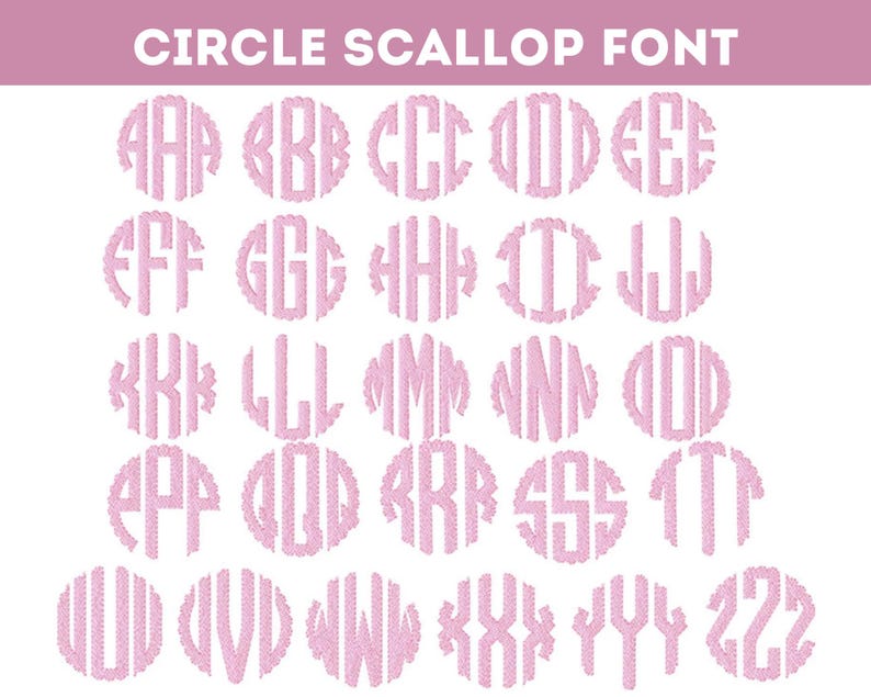 May include: A set of 26 pink circle scallop font letters, from A to Z. Each letter is in a circle with a scalloped edge.