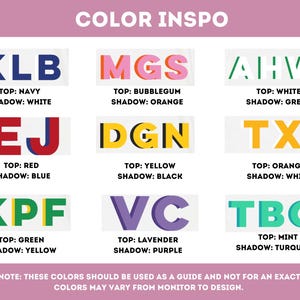 Pode incluir: Um gr&aacute;fico com nove combina&ccedil;&otilde;es de cores, cada uma com uma sigla de duas letras e uma descri&ccedil;&atilde;o das cores superior e da sombra. As cores incluem azul marinho, branco, chiclete, laranja, branco, verde, vermelho, azul, amarelo, preto, laranja, branco, verde, amarelo, lavanda, roxo, menta e turquesa.