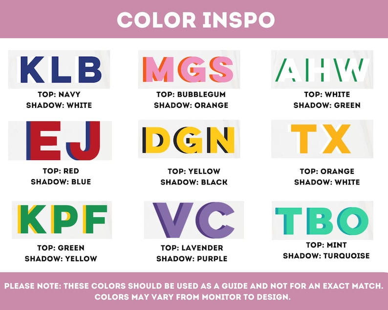 Pode incluir: Um gr&aacute;fico com nove combina&ccedil;&otilde;es de cores, cada uma com uma sigla de duas letras e uma descri&ccedil;&atilde;o das cores superior e da sombra. As cores incluem azul marinho, branco, chiclete, laranja, branco, verde, vermelho, azul, amarelo, preto, laranja, branco, verde, amarelo, lavanda, roxo, menta e turquesa.
