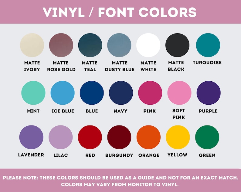 Pode incluir: Um gr&aacute;fico que mostra 20 cores diferentes de vinil e fonte. As cores est&atilde;o dispostas em linhas e etiquetadas com seus nomes, como "Marfim fosco", "Ouro rosa", "Azul-petr&oacute;leo", "Azul poeira", "Branco", "Preto", "Turquesa", "Menta", "Azul gelo", "Azul", "Azul marinho", "Rosa", "Rosa suave", "Roxo", "Lavanda", "Lil&aacute;s", "Vermelho", "Bord&ocirc;", "Laranja", "Amarelo" e "Verde". O texto na parte inferior do gr&aacute;fico diz "OBSERVA&Ccedil;&Atilde;O: ESSAS CORES DEVEM SER USADAS COMO GUIA E N&Atilde;O PARA UMA CORRESPOND&Ecirc;NCIA EXATA. AS CORES PODEM VARIAR DE UM MONITOR PARA UM VINIL."