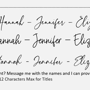 May include: A graphic showing different font options for names, including Stella, Hannah, Jennifer, Elizabeth, and Kim. The text states that there is a 9 character limit for names and a 12 character limit for titles.  It also states that no special characters or emojis are allowed.
