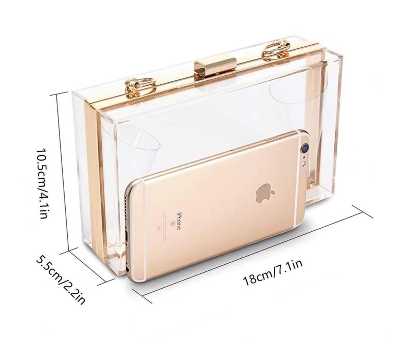Pode incluir: Uma carteira de m&atilde;o transparente de acr&iacute;lico com uma moldura e fecho de metal dourado. A carteira mede 18 cm de largura, 10,5 cm de altura e 5,5 cm de profundidade.