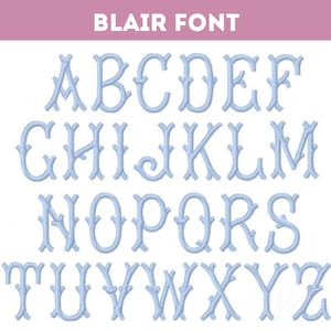 May include: A light blue alphabet in a decorative font called "Blair Font". The letters are stylized with a branch-like design.