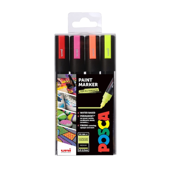 Marqueurs à encre Uni Posca PC-5M couleurs fluorescentes paquet de 4 1,8-2,5  mm Ensemble cadeau multi-usages pour artiste -  France