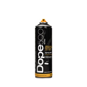 May include: A black spray paint can with the text "Dope 500 Nitro" in white. The can has an orange nozzle and a yellow and black label with product details. The can contains 500ml of liquid.