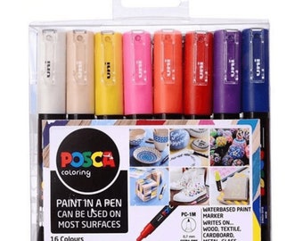 Uni Posca PC-1M 16 Colour Marker Bundle - Water Based Acrylic Paint Pens 0.7mm - Gift Bundle