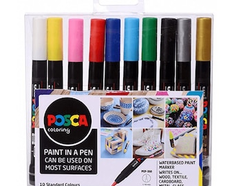 Uni Posca PCF-350 10 Standard Colours - 1-10mm Brush Tip Acrylic Marker Pens - Gift Bundle