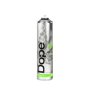 May include: A silver spray paint can with the text "Dope 600 Action" in black and white. The can has a pink nozzle and green accents. It contains 600ml of liquid.