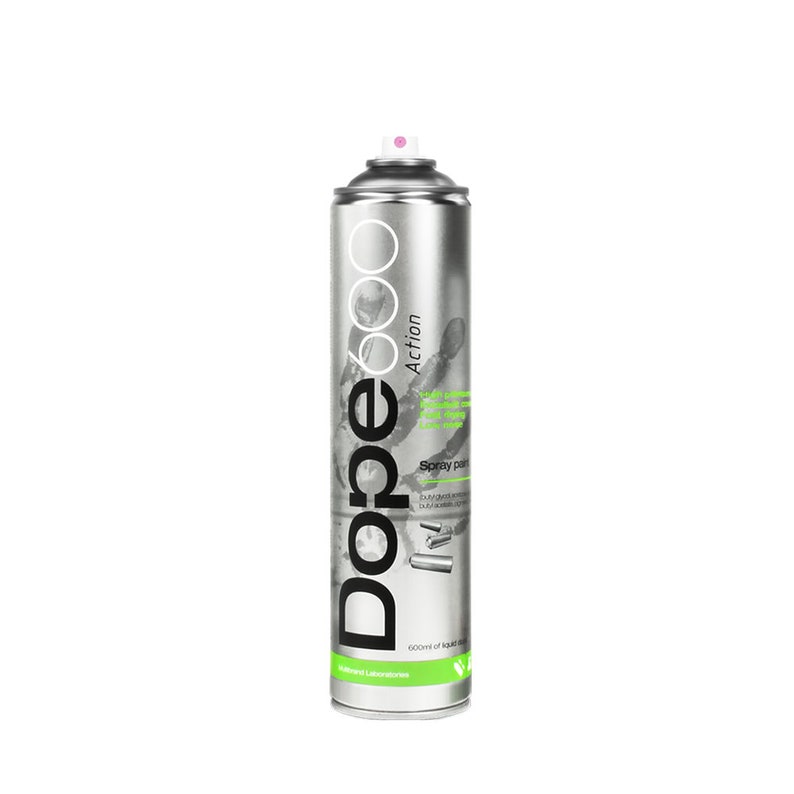 May include: A silver spray paint can with the text "Dope 600 Action" in black and white. The can has a pink nozzle and green accents. It contains 600ml of liquid.