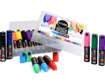 May include: A collection of Uni Posca PC-7M paint pens in a clear plastic case. The pens are in various colors, including black, blue, orange, yellow, and purple. The case also includes a leaflet. The text on the case reads "PAINT IN A PEN CAN BE USED ON MOST SURFACES".