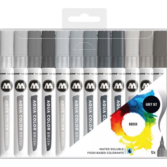 Molotow Aqua Brush Grey Set 12 Ink Marker Bundle 12 Colouring Pens 