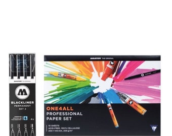 Molotow Blackliner Starter Bundle (Set 2) - 4 x Black Fineliner Marker Pens & Paper Set