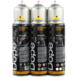 May include: Several spray paint cans are displayed. The cans are black with white and yellow details, and feature the text "Dope 500 NITRO Spray paint". The tops of the cans are silver with a red nozzle. The cans are labelled with "High pressure, Excellent coverage, Fast drying, Low noise".