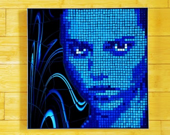 mosaic wall hanging - blue face portrait of glaring androgynous face (black, blue, and white swirly smoke steam background)