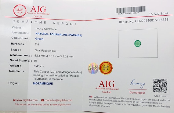 Tourmaline Paraiba 0.48 Carats - Certifiée American International GemLab - Neuf Avec étiquettes