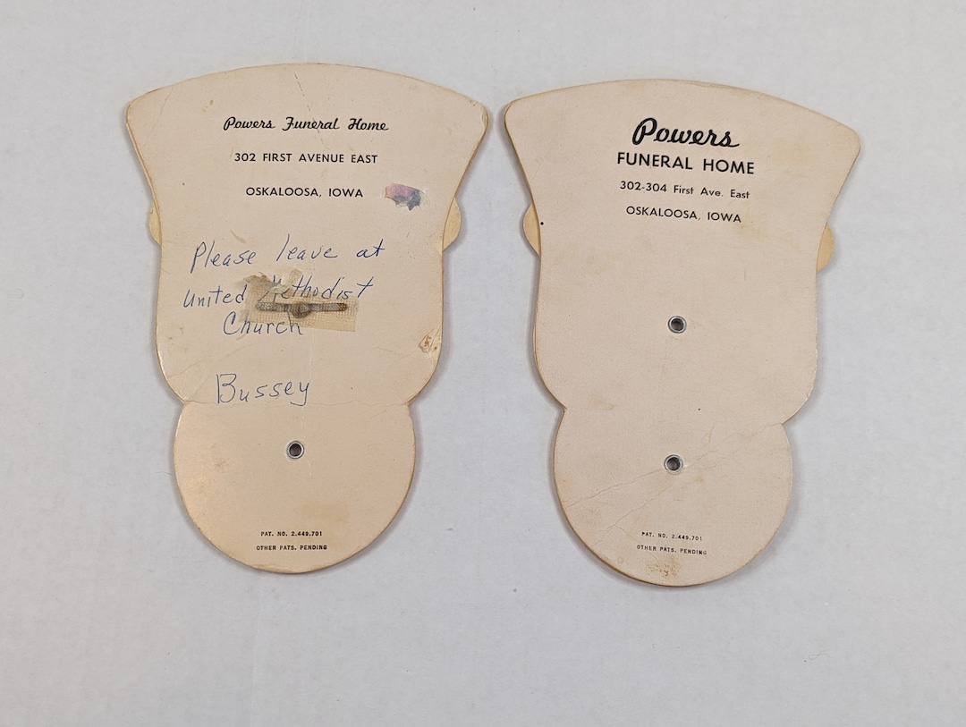 Vtg Fans 2 Powers Funeral Home Oskaloosa Iowa Expanding Jesus & Lady in