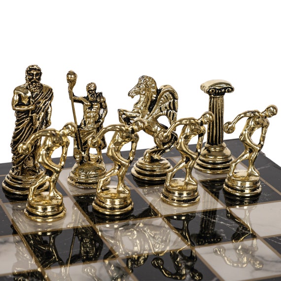 Luxury brown leather and marble chess set board with roman