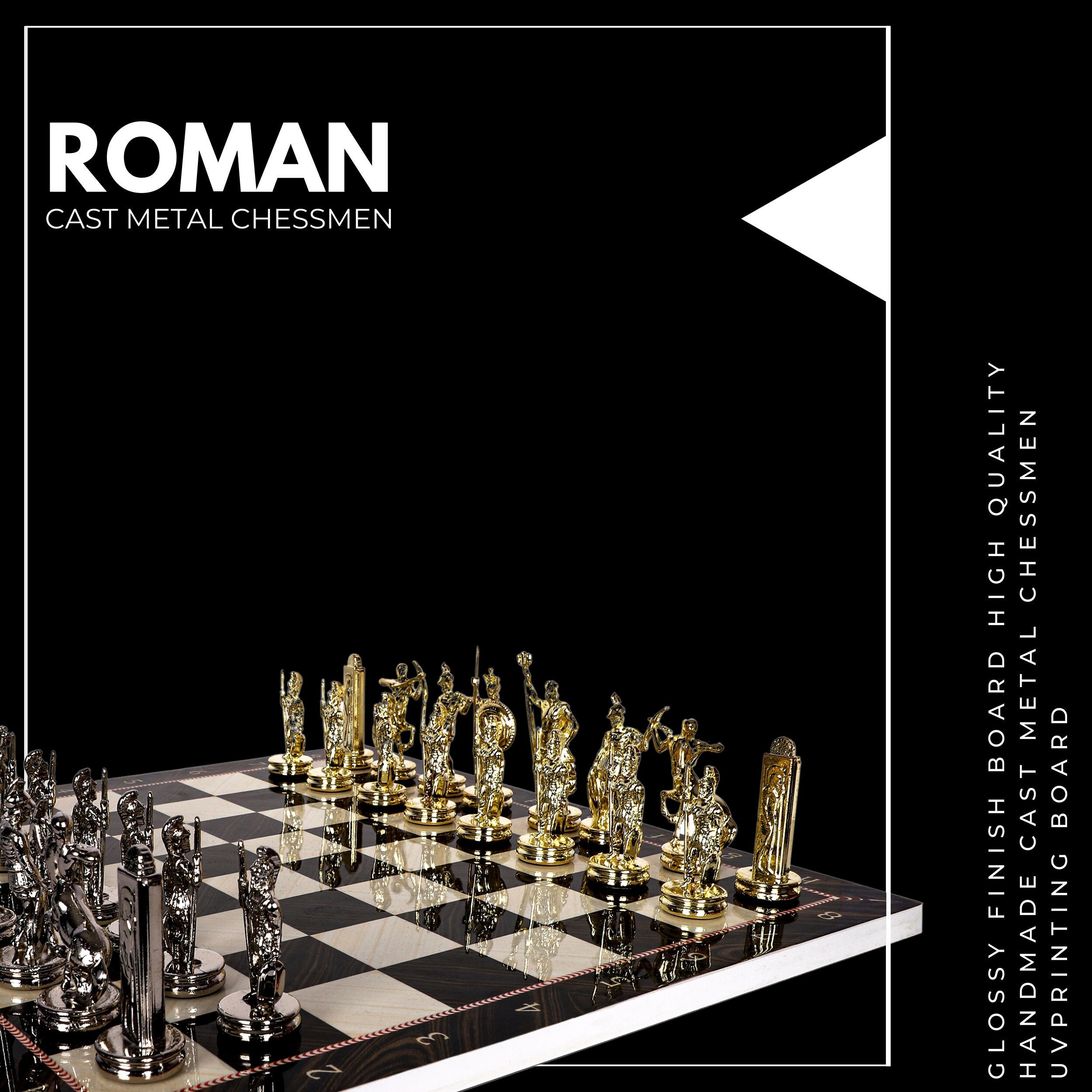 Luxury black leather and marble chess set board with roman chessmen