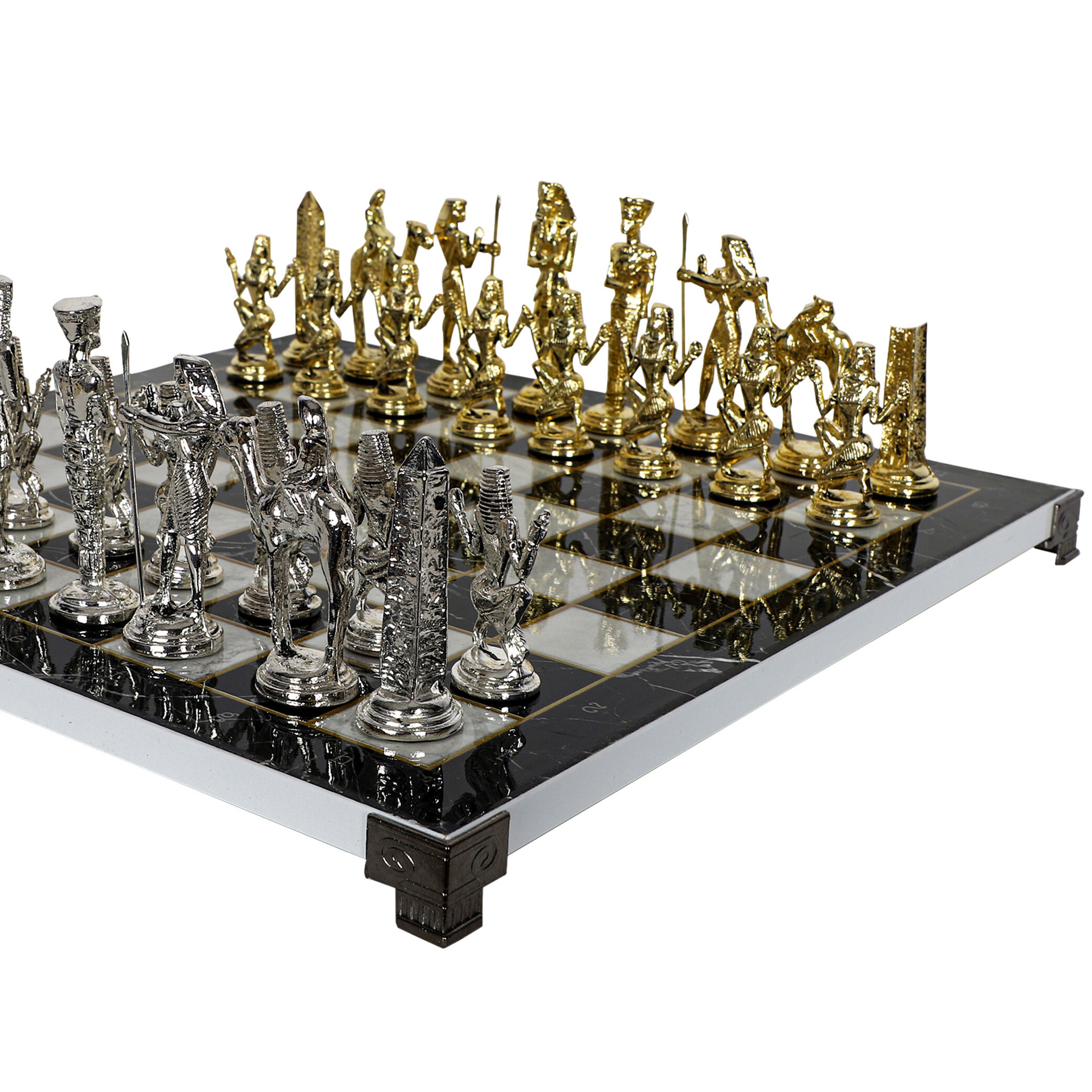 Luxury black leather and marble chess set board with roman chessmen –