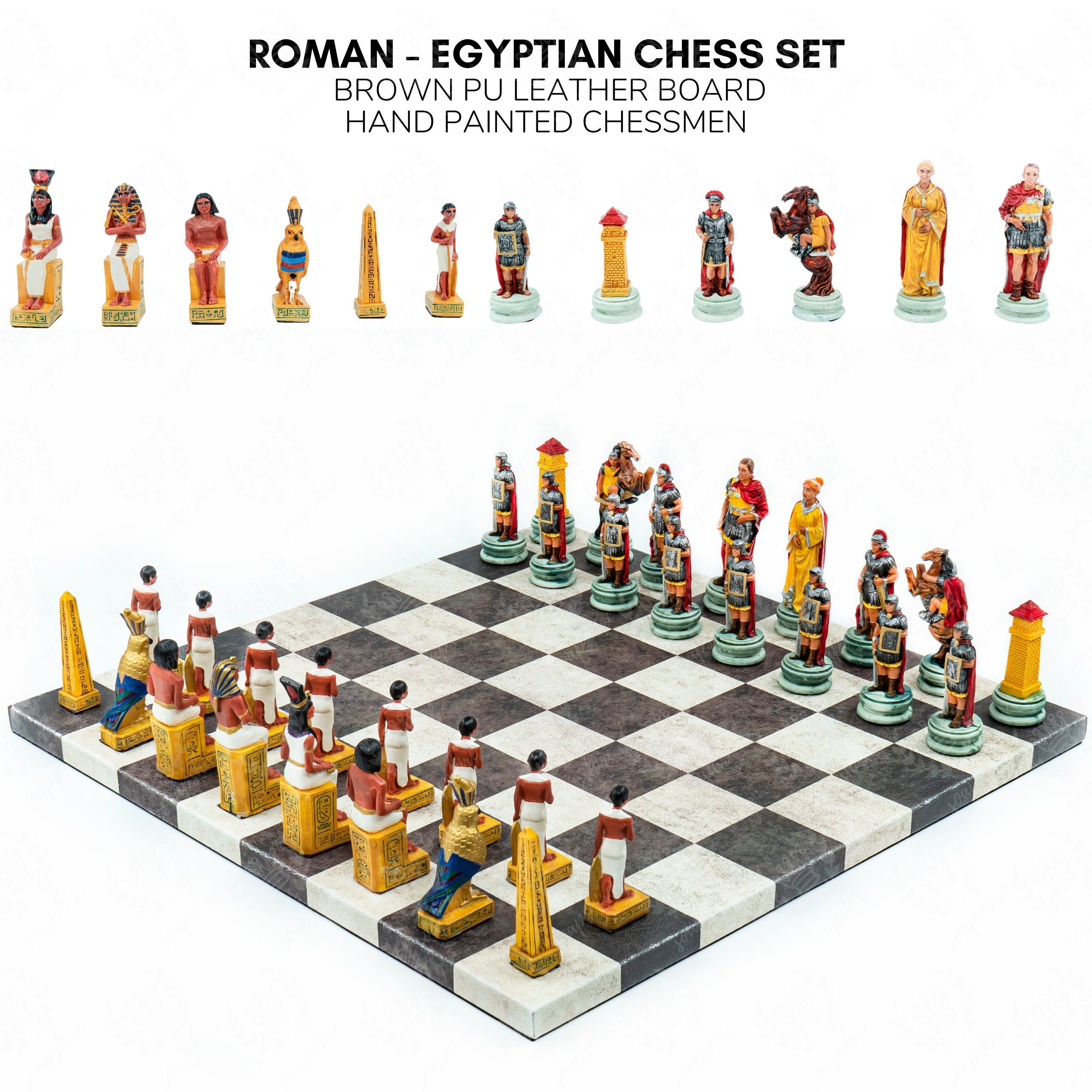 Luxury brown leather and marble chess set board with roman