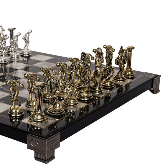 Green Metal Chess Set With Roman Empire Chess Pieces 13 Inch