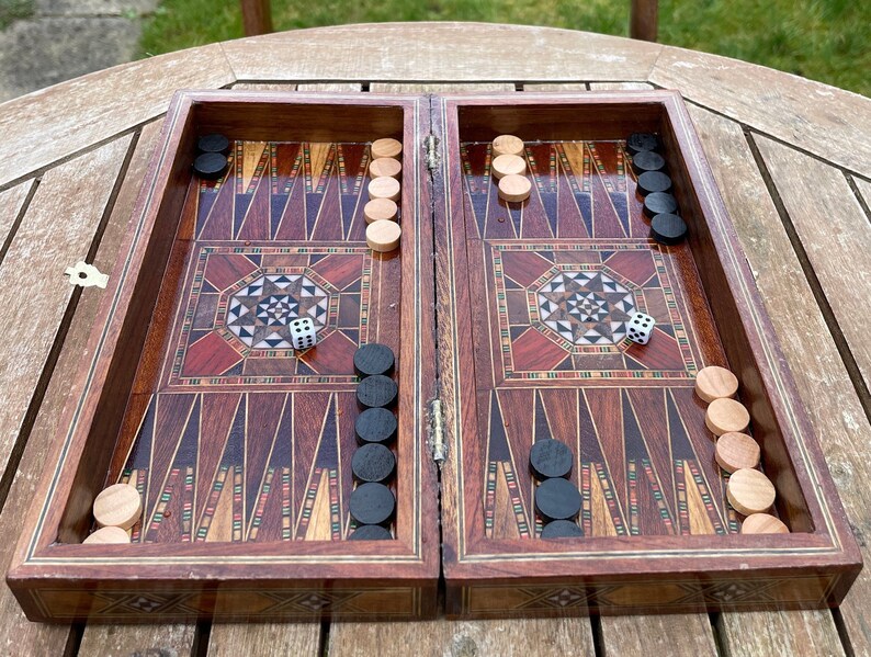 Premium Handmade Solid Wood 9 Inch - 22 Cm Backgammon Set, Chess Set, Draughts 3 in 1 Folding, Antique Vintage Pattern, Gift For Him and Her 