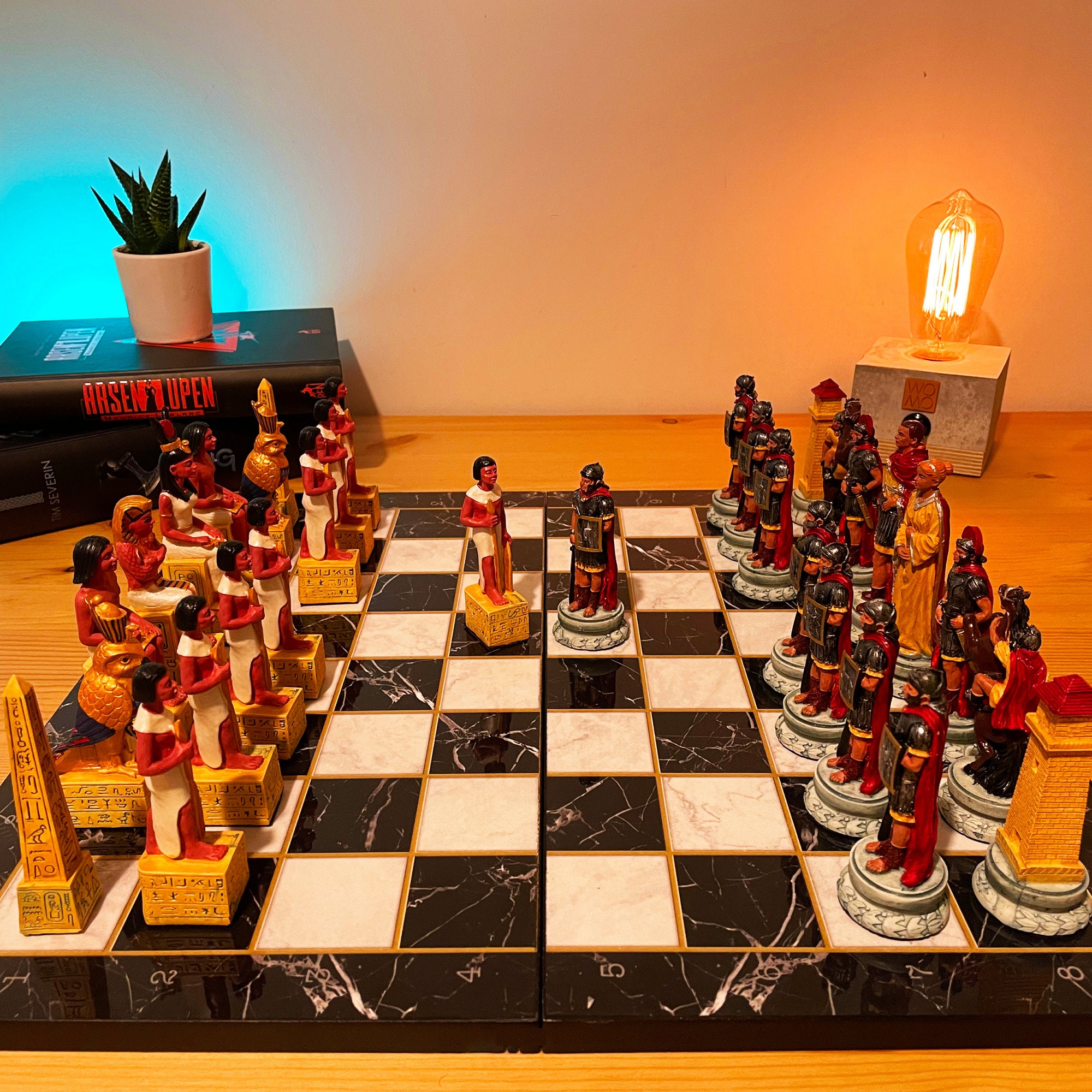 Romans vs Egyptians Chess Set with Glass Board - 3 3/4 Inch High