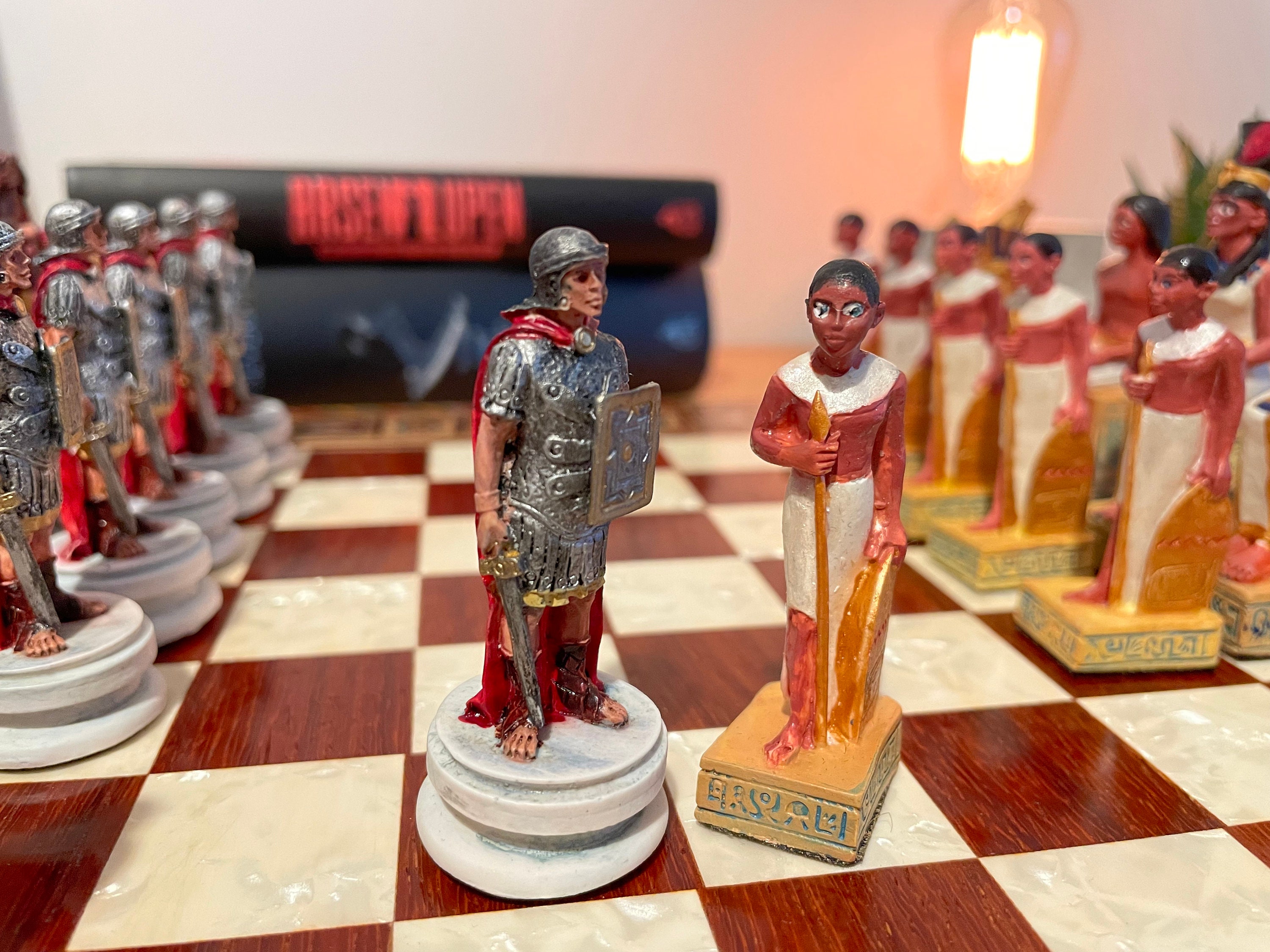 Romans vs Egyptians Chess Set with Glass Board - 3 3/4 Inch High