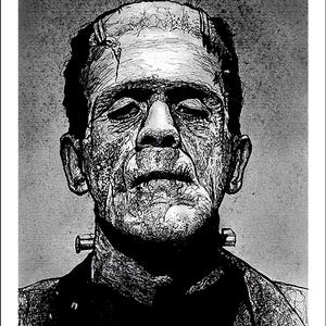 Frankenstein&#39;s monster art print | dark, horror, spooky, scary, creepy, Boris Karloff, Frankenstein portrait art, Halloween art | 8&quot; x 10&quot;