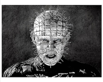 May include: Black and white illustration of a character with a metal grid over their face and a large number of sharp metal spikes protruding from the grid. The character has a menacing expression with a wide open mouth and sharp teeth.
