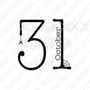 May include: Black and white graphic design of the number 31 with the word "October" written vertically next to it. A spider hangs from the top of the number 3 and a spider web is at the bottom of the number 1.