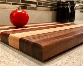 Handmade wood cutting board: black walnut, sugar maple, and jatoba.