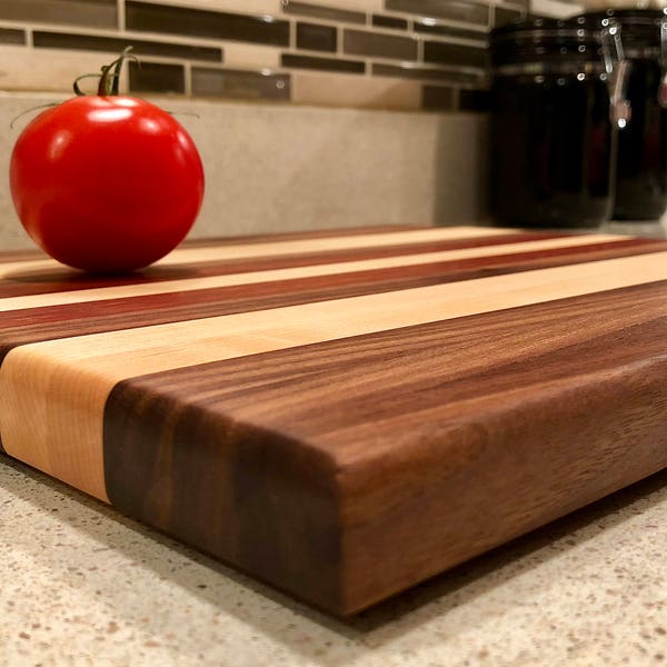 Handmade wood cutting board: black walnut, sugar maple, and jatoba.