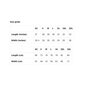 May include: Size guide chart for clothing with measurements in inches and centimeters. The chart shows sizes from XS to 3XL with corresponding length and width measurements.