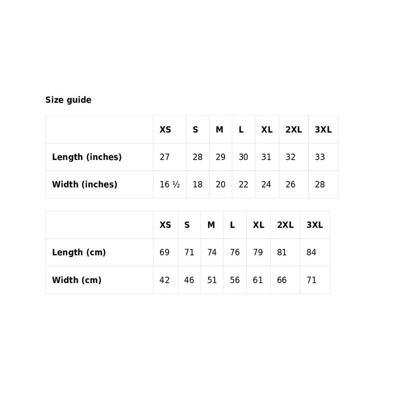 May include: Size guide chart for clothing with measurements in inches and centimeters. The chart shows sizes from XS to 3XL with corresponding length and width measurements.